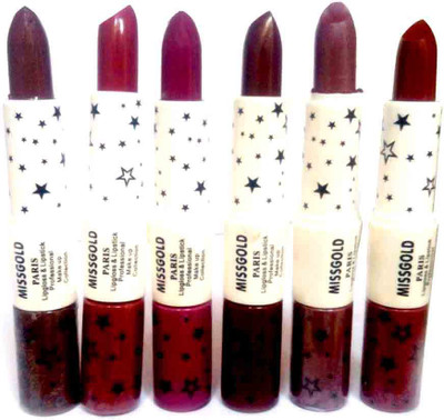 

Miss Gold Perfect 2 in 1 Lipstick and Lipgloss (Pack of 6) - C(Multicolor)