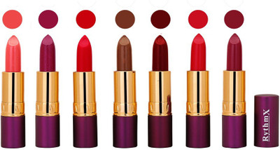 

Rythmx Premium Lipstick Combo (Pack of 7)(Peaches Pink,Shimmer Mazanta,Red,Copper Brown,Maroon,Redish Pink,Purple)