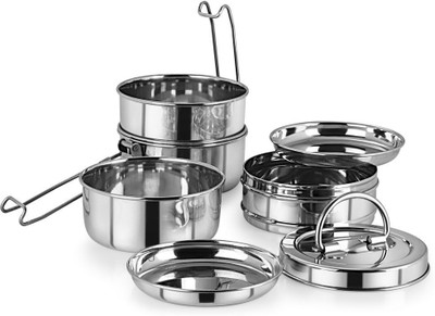 

Neelam Stainless Steel Tiffin Plate, 8x4 4 Containers Lunch Box(2000 ml), Silver