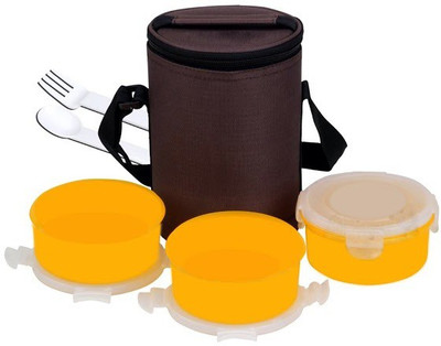 Icable Three Containers 400ml (With Spoon & Fork) 3 Containers Lunch Box(400 ml), Orange