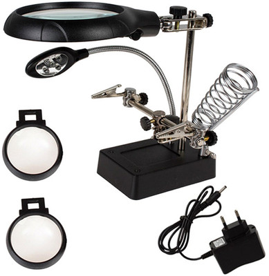 SJ Helping Hand Magnifier Magnifying Glass LED Soldering Stand - 02 2.5X 7.5X 10X Soldering Stand(Black)