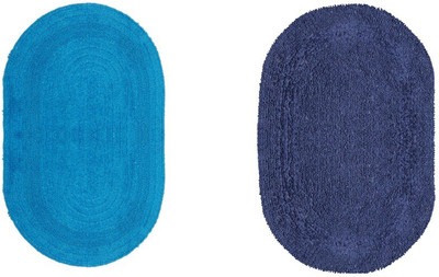 Avira Home Cotton Bath Mat Oval Reversible Cotton Mat (Set Of 2)(Turquoise, Navy Blue, Navy blue;turquoise