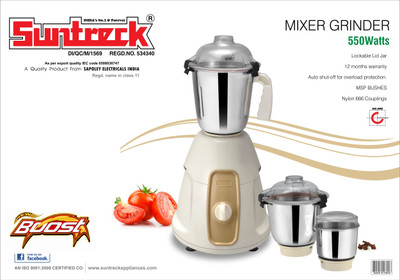

Suntreck Boost 550 W Mixer Grinder(White, 3 Jars)