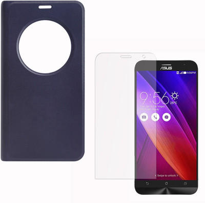 DMG Premium Leather Quick Circle View Flip Book Cover Case for Asus Zenfone 2 (Pebble Blue) and Matte Anti-Glare Screen Protector Accessory Combo(Pebble Blue)