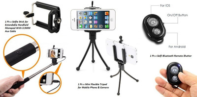 De-TechInn Selfie Stick Accessory Combo for Extendable Handheld Monopod With 3.5MM Aux Cable with Bluetooth Wireless Remote Shutter Selfie Stick and Universal Flexible Mini Tripod Stand for Mobiles, Webcam(Multi-color) Flipkart