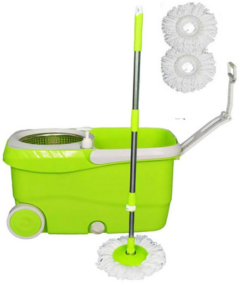 

Cherrylite Cleanwell Steel Spin Green Bucket With Wheels and Extra 2 Mop Refills Mop Set