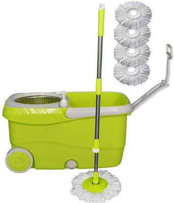 

Easyhome Cleanwell Steel Spin Green Bucket With Jumbo Wheels and 5 Refills Mop Set