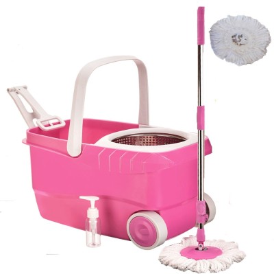 

Cherrylite Cleanwell Steel Spin Pink Bucket With Wheels and Extra 1 Mop Refills Mop Set