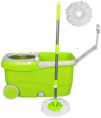 

Cherrylite Cleanwell Steel Spin Green Bucket With Wheels and Extra 1 Mop Refill Mop Set