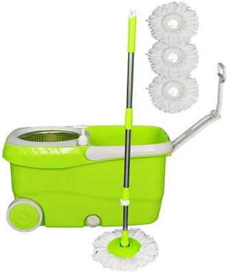 

Cherrylite Cleanwell Steel Spin Green Bucket With Wheels and Extra 3 Mop Refills Mop Set