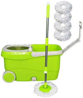 

Cherrylite Cleanwell Steel Spin Green Bucket With Wheels and Extra 4 Mop Refills Mop Set