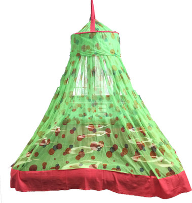 RIDDHI Polyester Adults Washable round fancy printed soft net for double bed with orange border Mosquito Net(green, Ceiling Hung)