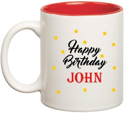 

Huppme Happy Birthday John Inner Red Ceramic Mug(350 ml), Red;white