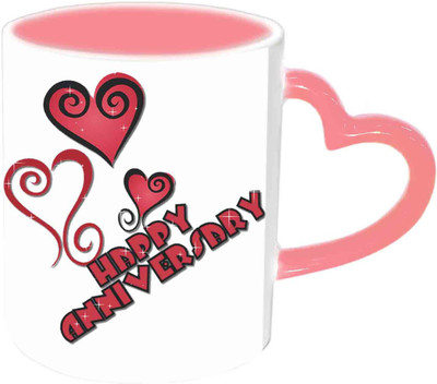 

Raj Laxmi Happy Anniversary With Hearts Design Pink Handle Ceramic Mug(350 ml)