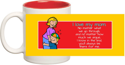 

HuppmeGift Love You Mom Inner Red Ceramic Mug(350 ml), Red;white