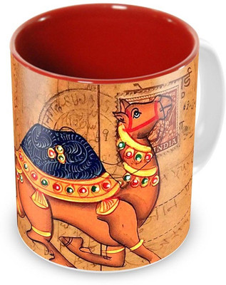 

Tuelip Camel Post Card Printed Inner Red Tea And Coffee Ceramic Mug(350 ml), Multicolor