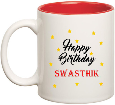 

HuppmeGift Happy Birthday Swasthik Inner Red Ceramic (350ml) Ceramic Mug(350 ml), Red;white