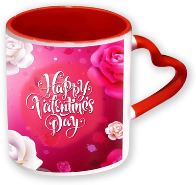 

Heyworlds Happy Valentine Day Gifts Heart Shape Red Color with Handle 11 Ceramic Mug(325 ml), Multicolor
