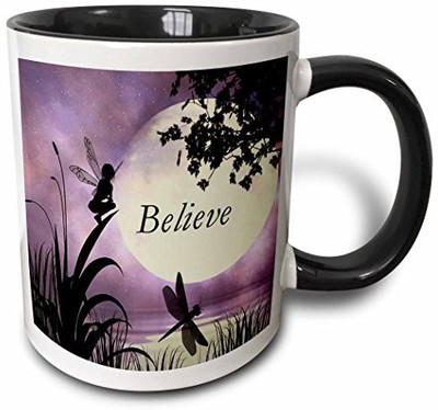 

3dRose Believe, Fairy with Dragonflies with Moon and Purple Sky Two Tone Black, 11 oz, Black/White Ceramic Mug(60 ml)