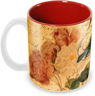 

Tuelip Beautiful Vintage Bird Floral Printed inside Red for Tea And Coffee Ceramic Mug(350 ml), Multicolor