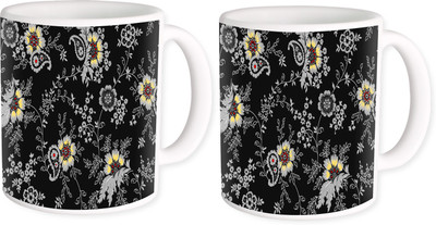

Heyworlds gifts for flower design 51 Ceramic Mug(325 ml, Pack of 2), Multicolor