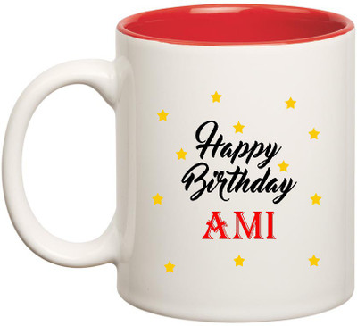 HuppmeGift Happy Birthday Ami Inner Red Ceramic (350ml) Ceramic Mug(350 ml), Red;white