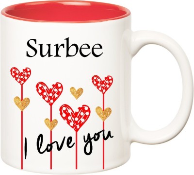 

Huppme I Love You Surbee Inner Red (350 ml) Ceramic Mug(350 ml), Red;white