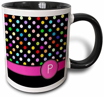 

3dRose mug_154313_4 Letter P Monogrammed on Rainbow Polka Dots Pattern with Hot Pink Personal Initial Girly Multicolor Two Tone Black, 11 oz, Black/White Ceramic Mug(60 ml)