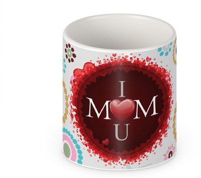 

HuesLab I Love U Mom with Floral Background Ceramic Mug(328 ml), White
