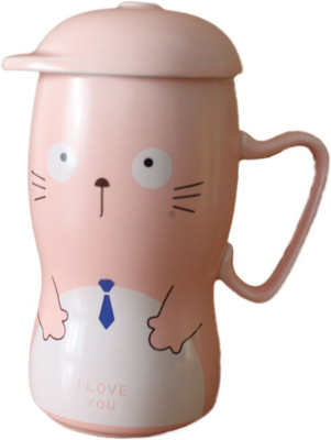 

GeekGoodies Animal Large Design With Cap Style Lid Straw Spoon Coffee Milk Ceramic Mug(410 ml), Pink