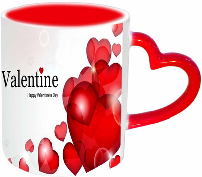 

Raj Laxmi Red hearts red handle valentine Ceramic Mug(350 ml)
