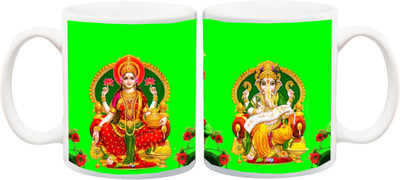 

ME&YOU Diwali Shubh Labh Gift Set;Lakshmi Ganesh Ceramic Mug(325 ml, Pack of 2), Multicolor