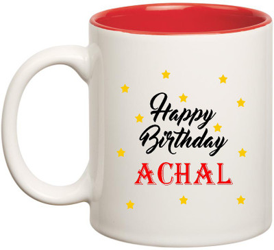 

HuppmeGift Happy Birthday Achal Inner Red Ceramic (350ml) Ceramic Mug(350 ml), Red;white