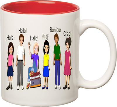 

Huppme Hello Bonjour Inner Red Ceramic Mug(350 ml), Red;white