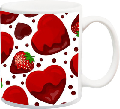 

ME&YOU Strawberries and Red Hearts Deep Red Designer Print Ceramic Mug(325 ml), Multicolor