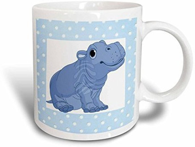 

3dRose mug_37289_2 Cute Baby Blue Hippo on Blue Dotted Back Ceramic, 15 oz, White Ceramic Mug(60 ml)