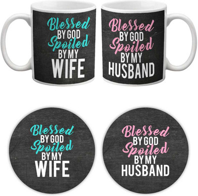 

Giftsmate Valentine Day gifts, Blessed By God Spoiled Husband Wife couple coffee mugs Ceramic Mug(330 ml, Pack of 4), Black;white