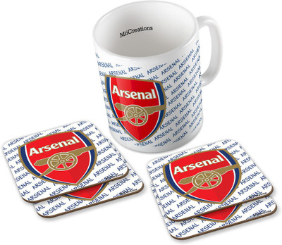 

MiiCreations Printed Arsenal Club (1 Ceramic + 4 MDF Coaster) Coaster Coffee Set Ceramic Mug(325 ml, Pack of 5), Multicolor