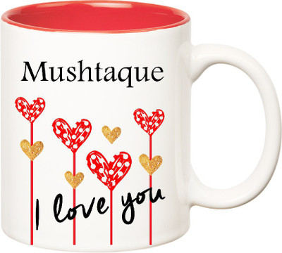 

Huppme I Love You Mushtaque Inner Red (350 ml) Ceramic Mug(350 ml), Red;white