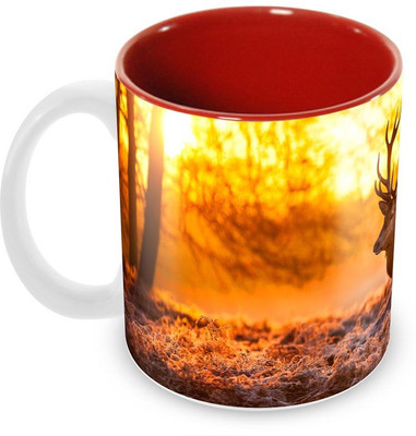 

Tuelip Beautiful Big Deer Looking Backside Sunset Time Printed inside Red for Tea And Coffee Ceramic Mug(350 ml), Multicolor