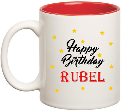 Huppme Happy Birthday Rubel Inner Red Ceramic Mug(350 ml), Red;white