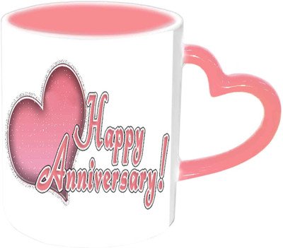 

Raj Laxmi Happy Anniversary Wishes With Hearts Design Pink Handle Ceramic Mug(350 ml)