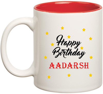

HuppmeGift Happy Birthday Aadarsh Inner Red Ceramic (350ml) Ceramic Mug(350 ml), Red;white