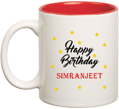 

HuppmeGift Happy Birthday Simranjeet Inner Red Ceramic (350ml) Ceramic Mug(350 ml), Red;white