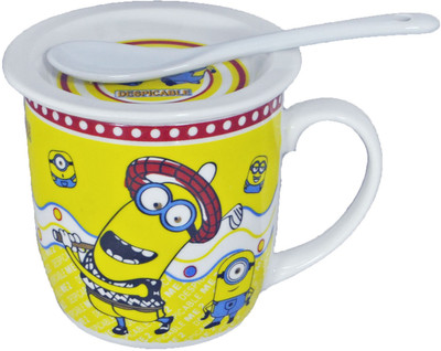 

Babysid Collections Porcelain Minions Golf with Lid & Spoon Porcelain Mug(250 ml), Multicolor