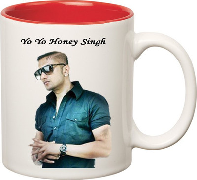 

HuppmeGift Yo Yo Honey Singh Inner Red Ceramic Mug(350 ml), Red;white