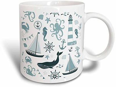 

3dRose mug_123491_2 Blue and White Nautical Theme Octopus, Boat, Anchor Ceramic, 15-Ounce Ceramic Mug(60 ml)
