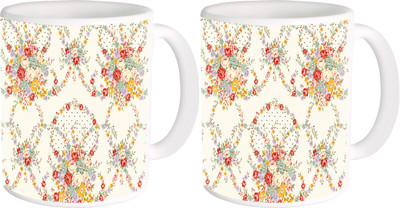 

Heyworlds gifts for flower design 35 Ceramic Mug(325 ml, Pack of 2), Multicolor