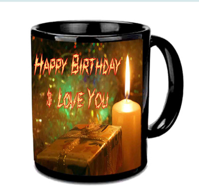 Raj Laxmi Flame Fonts Happy Birthday Black Ceramic Mug(3.5 ml)