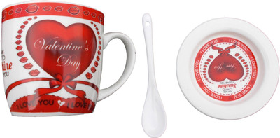 

volik Valentines with Spoon & Trey Ceramic Mug(300 ml), White